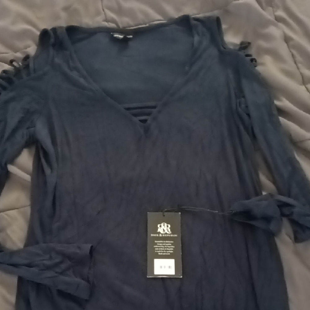Dark Blue Long Sleeve Cold Shoulder Top